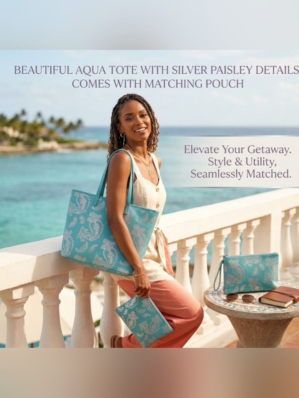 😺New🇺🇲STYLINE Aqua & Silver Paisley Tote with Pouch 2 piece bag set hand bag